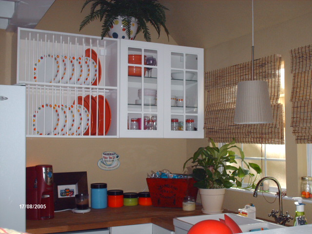 kitchen with glass front cabinets, a plate rack and a hanging pendant light