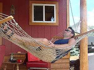 relaxing on the finished porch
