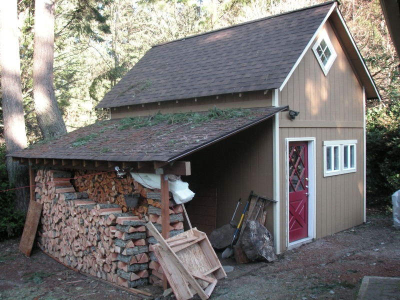 14x18 workshop with tan board and batten siding, a red door and an open wood shed along one side stacked with split firewood