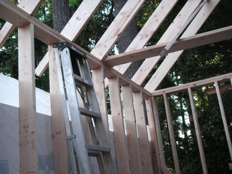 inside the shop looking up a tall stud wall to the rafters and the open gable above