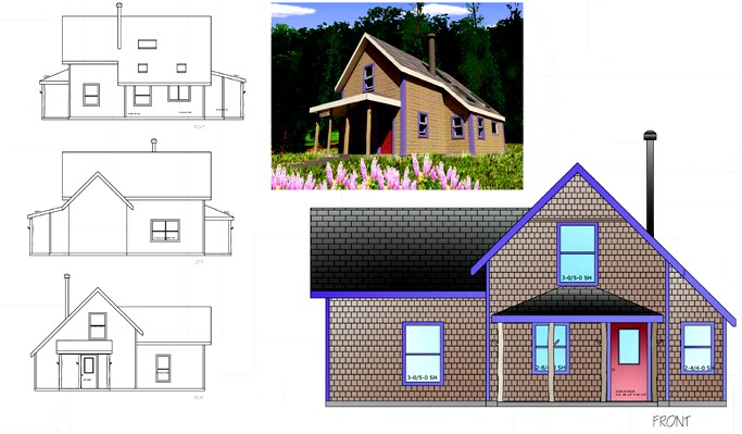 CAD composite drawing of the Victoria Cottage elevations and floor plan