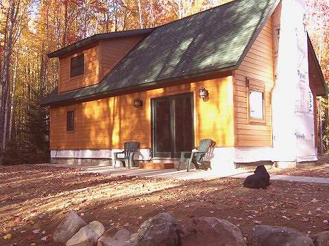 cabin in the fall woods with cedar colored siding and a green roof, before the stone and trim were finished