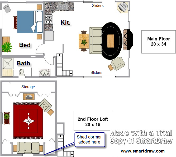 floor plan drawing of the 20 by 34 main floor with bedroom, bath, kitchen and great room, and the 20 by 15 loft above it