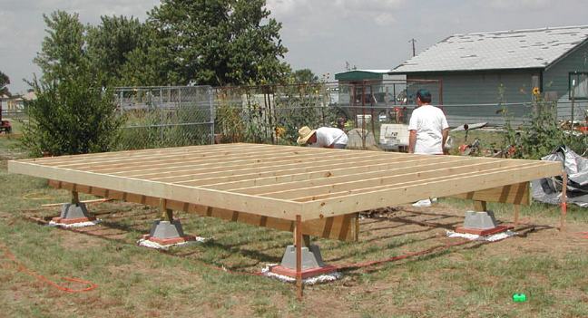 foundation and floor joist layout of a 12x18 cabin on a post and pier foundation