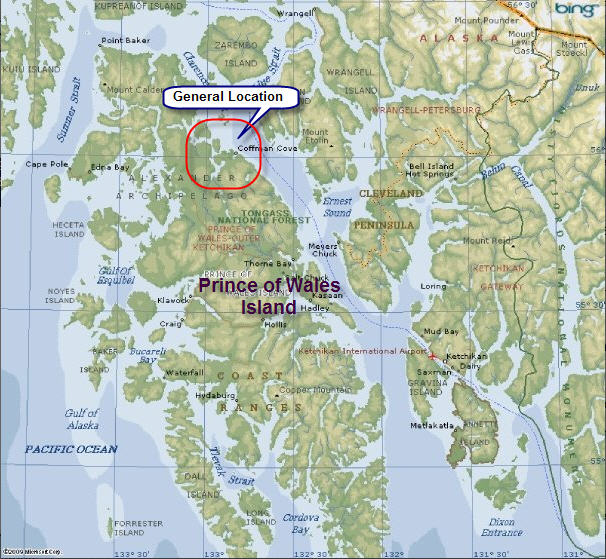 map of Prince of Wales Island showing the cabin location