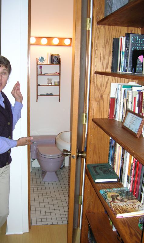 the small bathroom built into a corner of the office, seen past a wall of bookshelves