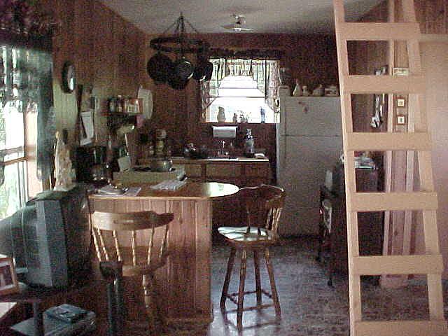 kitchen with pine wood paneling, an eating bar with stools, and a ladder up to the loft
