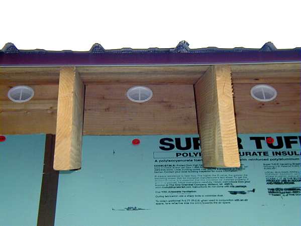 vent blocking between the rafters at the eave, each block drilled for a round screened vent