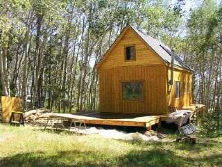 cottage style 14x24 cabin seen from the clearing