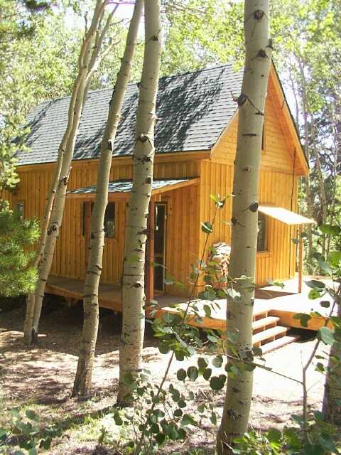 shed roof over the cabin door and a hinged awning over the gable end window