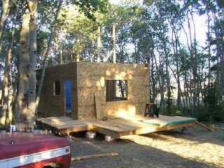 cabin walls sheathed with window and door openings cut out