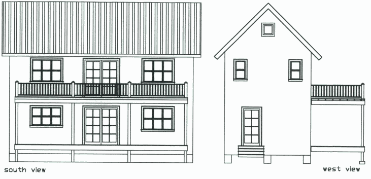 south and west elevations of the 16x34 two story cottage, with a full width porch and a deck above it