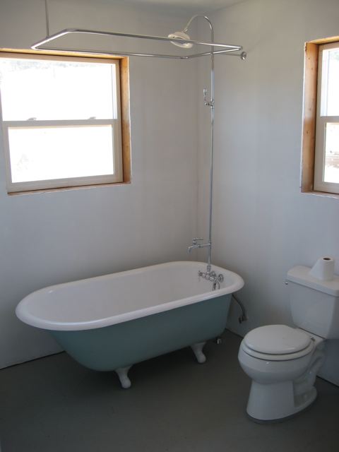 the refinished claw foot tub with a shower riser above it, toilet alongside