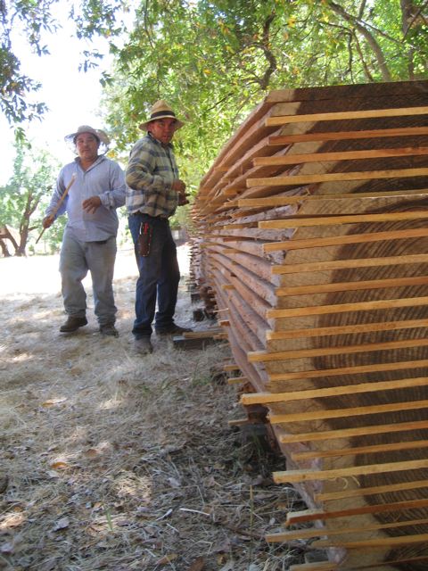 a tall stack of freshly milled redwood boards stickered outdoors to dry